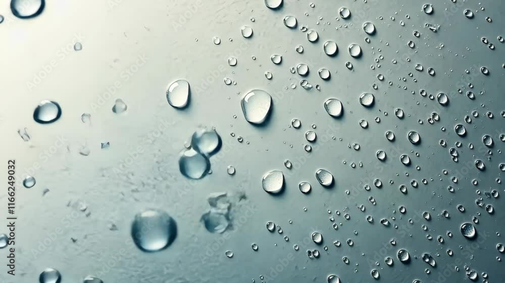 Poster water droplets accumulate on a smooth surface capturing light in an intricate pattern