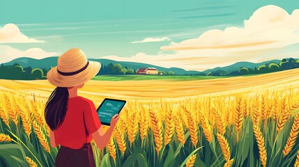 Fototapeta premium Woman in Wheat Field Using Digital Tablet for Farming