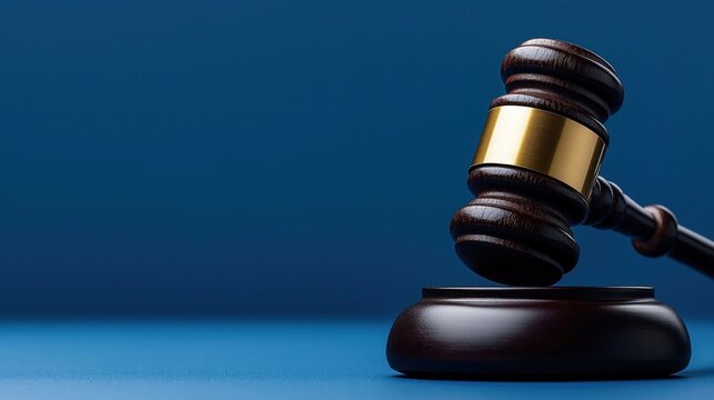 Dark wooden gavel rests on dark wooden stand against deep blue background. Legal authority auction concept. Decision moment in courtroom. Judge using gavel to make verdict. Law, justice theme for