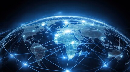 Obraz premium A digital representation of the Earth with interconnected networks and glowing nodes.