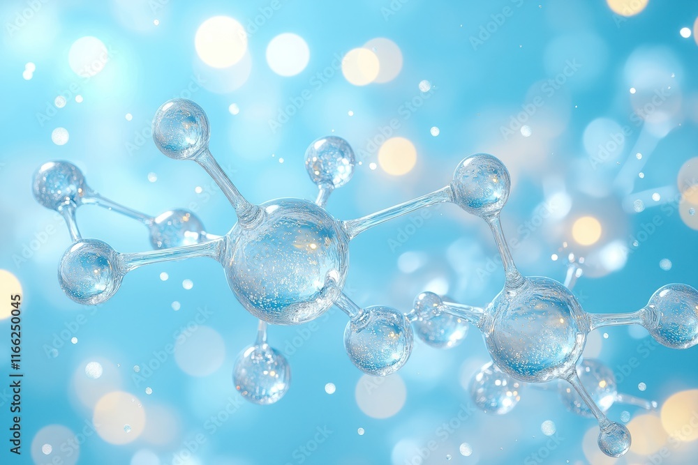 Poster water molecule structure visualized in 3d. transparent molecular structure glows on soft light blue 