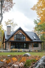Cozy modern cabin surrounded by autumn foliage in a serene wooded setting, showcasing sleek architecture and stone accents during a cloudy day