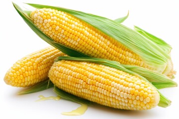Freshly harvested yellow corn cobs with vibrant green husks arranged artfully on a white background, showcasing farm-fresh produce ready for cooking or decoration