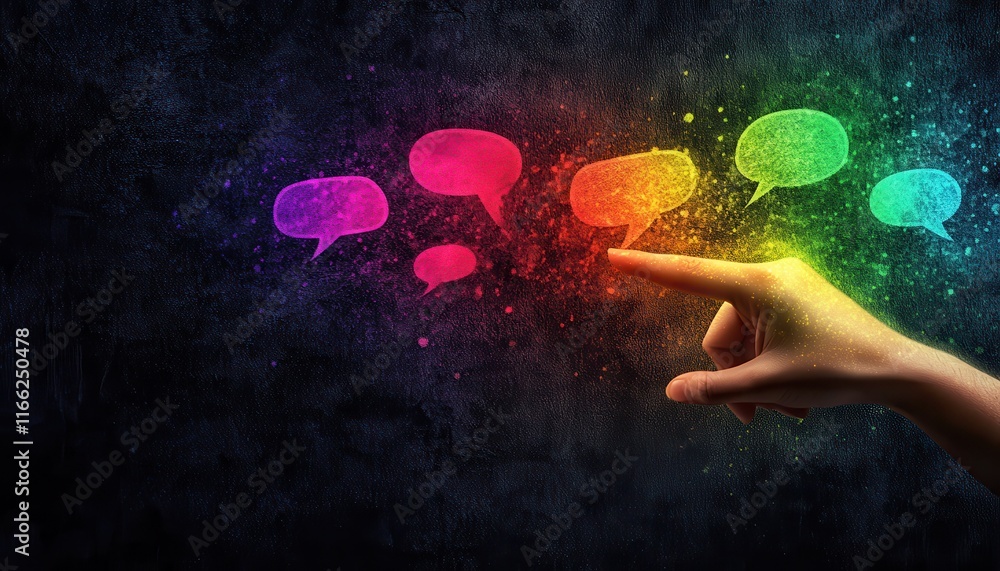 Poster rainbow speech bubbles digital communication concept interactive hand gesture colorful abstract back