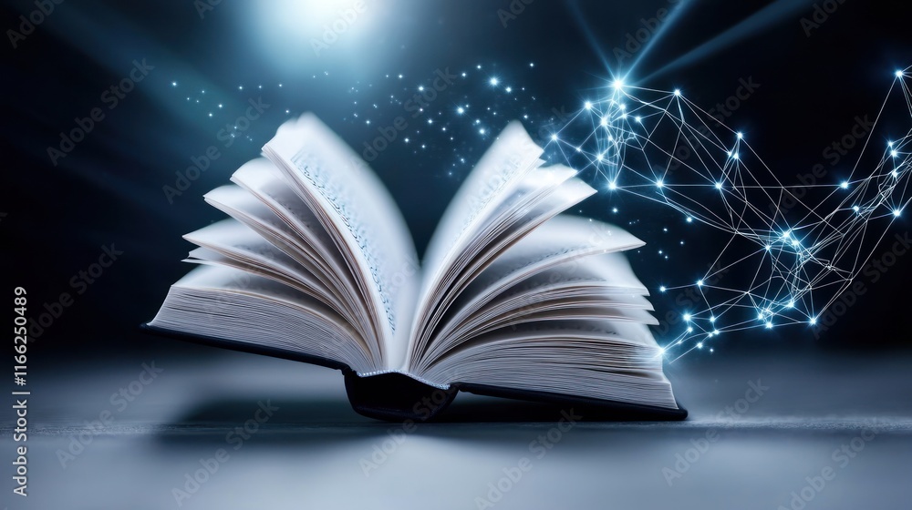 Poster an open book with glowing particles, symbolizing knowledge and ideas.