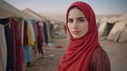 Young woman in red hijab stands in front of refugee camp tents in desert. Looks at camera. Clothes hang on lines in background. Scene evokes hope amidst hardship. Humanitarian aid, assistance needed.