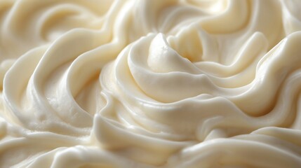 Obraz premium Closeup view of creamy vanilla yogurt. Texture shows soft, smooth swirls, waves. Product shot captures light, creamy texture. Dairy product appears fresh, healthy. Abstract image ideal for food