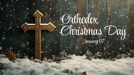 Orthodox Christmas Day wallpaper with snowflakes, cross and typography on the side. Traditional christmas concept backdrop