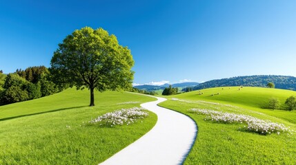 Obraz premium Serene landscape with a winding path through green hills.