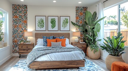Bright bedroom with large windows, wooden bed, patterned textiles, and tropical plants.