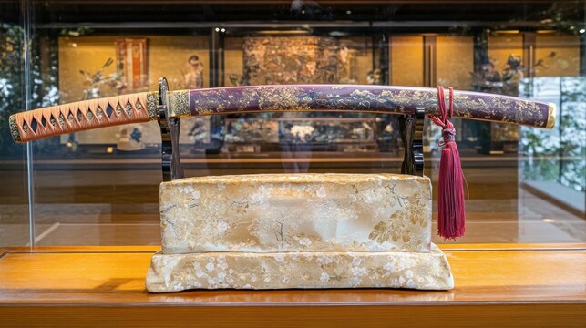 A decorative sword displayed in a case, showcasing intricate craftsmanship and cultural significance.