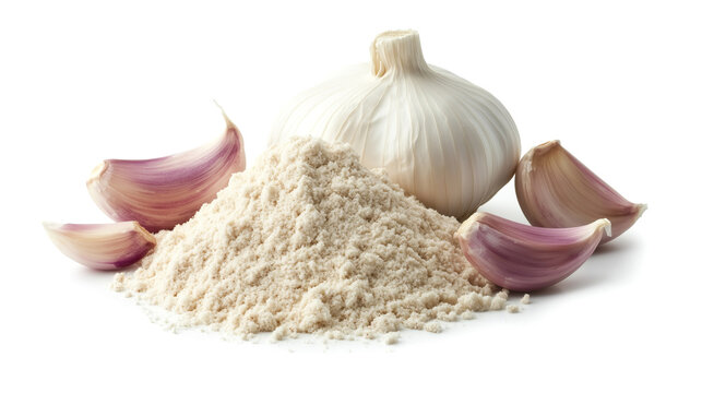 side view on ground garlic powder pile heap isolated on white background