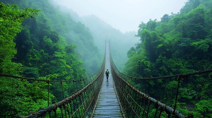 Obraz premium Person walks alone on a long rope bridge in a lush green forest shrouded in mist.