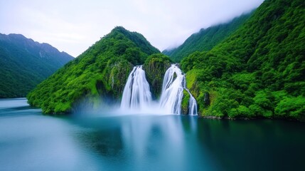 Serene waterfall cascading into a tranquil lake surrounded by lush greenery.
