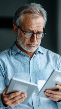 Senior manager examines digital documents. Businessman uses tech to manage risk, compliance. Reviews ISO certification documents on tablets. Pro carefully analyzes business strategies for