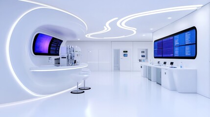 Sleek, modern interior of a futuristic service area.