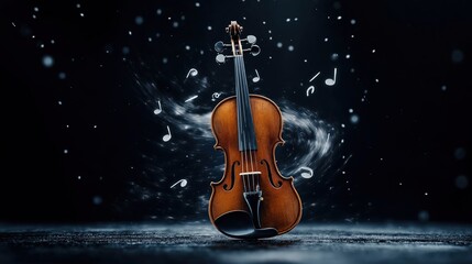 Upright violin surrounded by swirling musical notes. Dynamic visual effects create sense of musical expression. Traditional artistry blends with animated notes swirling around elegant classical