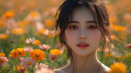 Naklejka premium Woman in Flower Field