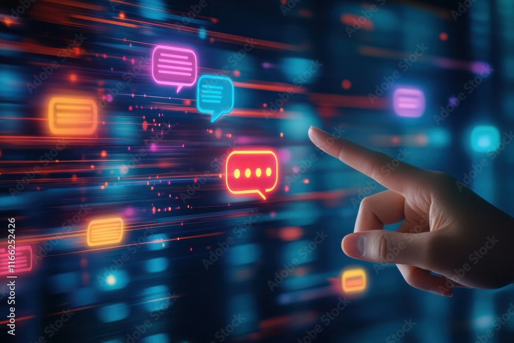 Poster digital communication network interaction: a hand interacting with neon chat bubbles on a futuristic