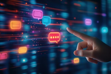 Digital Communication Network Interaction: A Hand Interacting with Neon Chat Bubbles on a Futuristic Interface