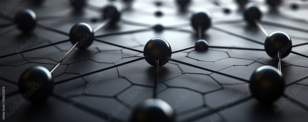 Poster abstract tech network design. dark spheres connect by thin lines. complex structure shows data flow.
