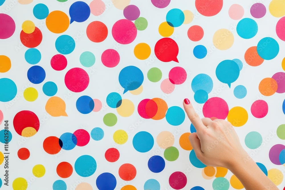 Poster colorful communication bubbles background with hand gesture: interactive digital dialogue concept