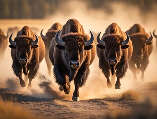 Thundering herd of bison charging across the open plains at sunset, showcasing the raw power, unity, and majestic beauty of wildlife in their natural habitat, creating a breathtaking moment of nature'