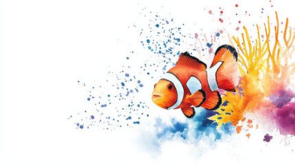 Clownfish swimming near colorful coral in vibrant watercolor style