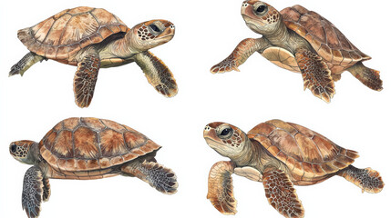 Naklejka premium Baby sea turtles swimming gracefully in delicate watercolor style