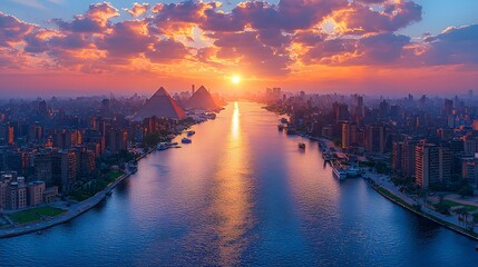 Fototapeta premium Sunrise Over River and City