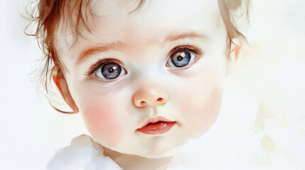 Naklejka premium Baby with chubby cheeks and bright blue eyes, charming watercolor portrait