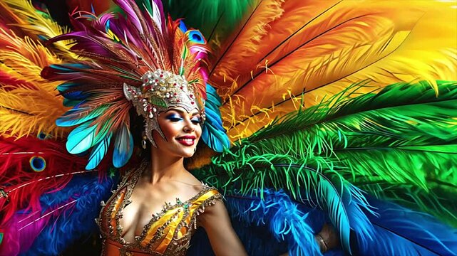 Smiling woman wearing vibrant samba costume and feathered headdress. Colorful Brazilian Carnival dance and celebration. Slow motion video