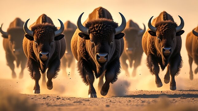 Thundering herd of bison charging across the open plains at sunset, showcasing the raw power, unity, and majestic beauty of wildlife in their natural habitat, creating a breathtaking moment of nature'