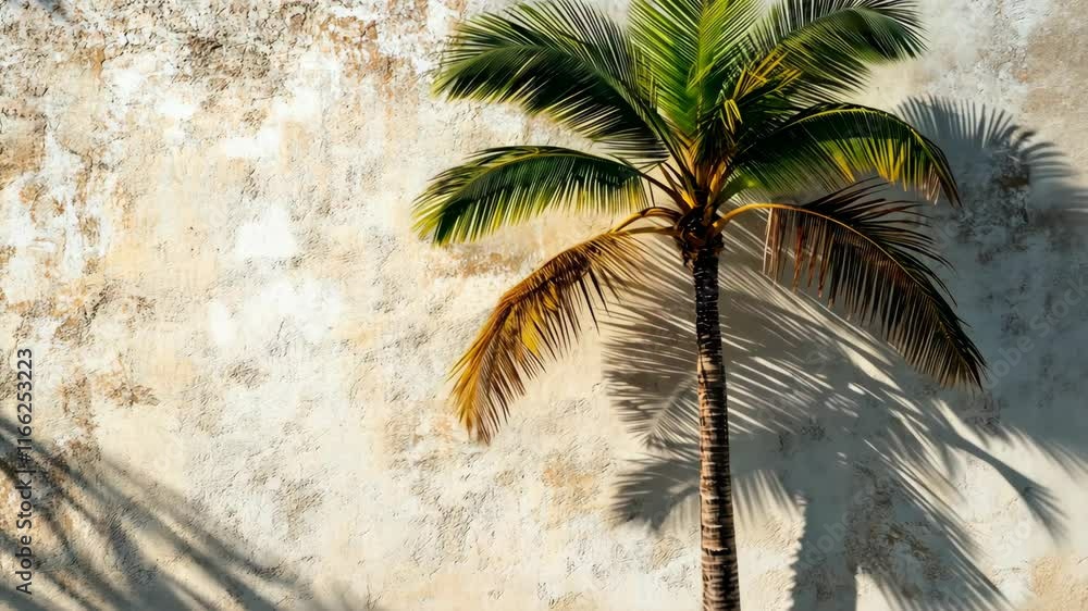 Poster palm tree casting shadows against a weathered wall in a tropical setting during the day