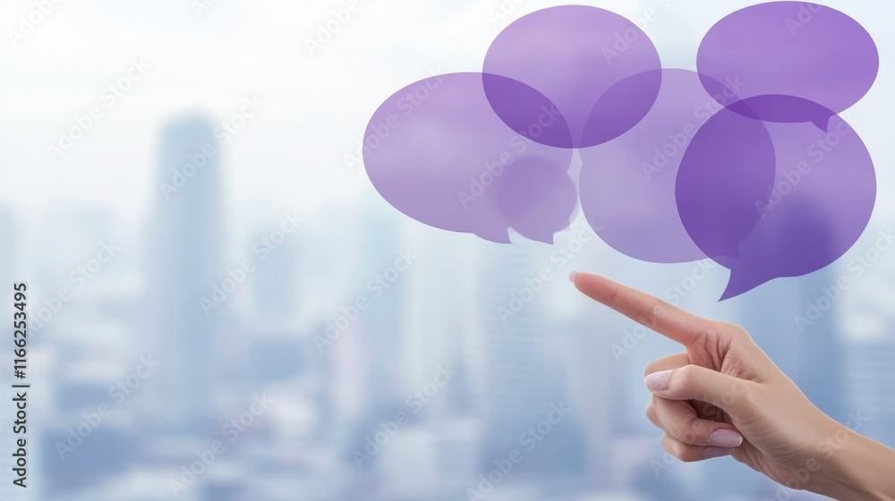 Poster digital communication and networking: a hand interacting with purple speech bubbles against a citysc