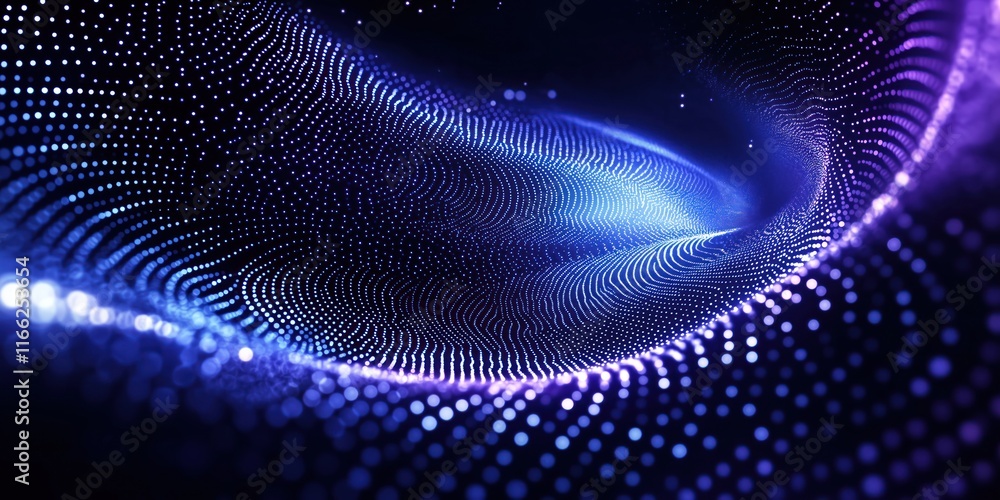 Poster abstract digital art shows swirling blue, purple colors with white dots. futuristic design creates d