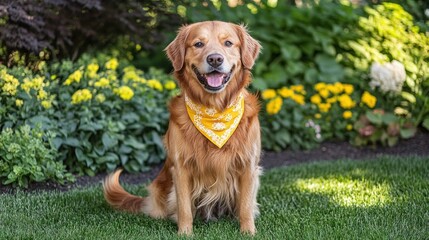 A golden retriever sits happily in a garden, wearing a yellow bandana among colorful flowers.
