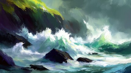 Obraz premium Vibrant Waves Crashing on Coastal Cliffs