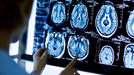 Close-up of a doctor reviewing multiple MRI brain scans on a computer screen.  The images show detailed cross-sections of the human brain.