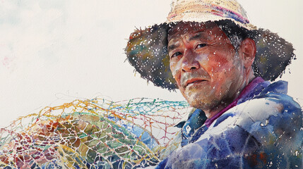 Fisherman with net in watercolor portrait, showcasing determination and skill