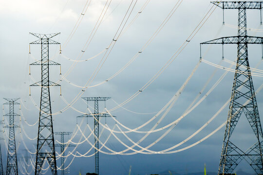 Campos dos Goytacazes, RJ, Brazil, 12/31/2024 - Electrical transmission towers and transmission lines in Campos' countryside, near Goytacazes district 