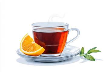 Refreshing Tea with Lemon Slice and Green Leaves in Clear Glass Cup, Ideal for Beverage Ads, Healthy Lifestyle Promotions, and Wellness Content