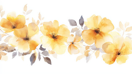 Beautiful ochre yellow floral watercolor design with soft petals and leaves