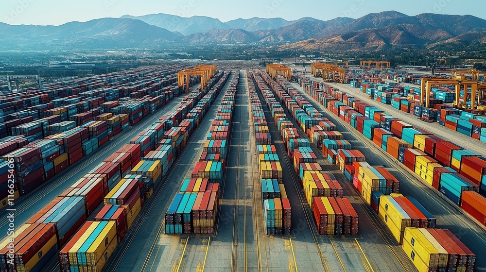 Poster aerial view of large shipping terminal. many colorful cargo containers stacked high. rows of contain