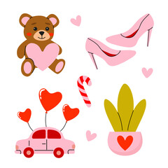 Cute bear, pink shoes, balloons, and plant in a cheerful valentine's day theme
