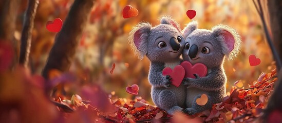 cute koala couple in valentine day koala hug love red heart in orange spring background in the junggle