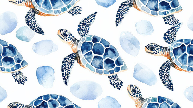Colorful sea turtle pattern with watercolor style and soft blue accents