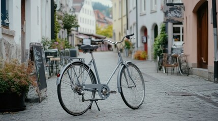 A bicycle stands on a cobblestone street lined with quaint buildings and greenery.