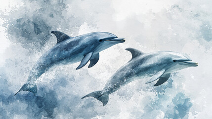 Obraz premium Dolphins swimming gracefully in watercolor style, showcasing their beauty