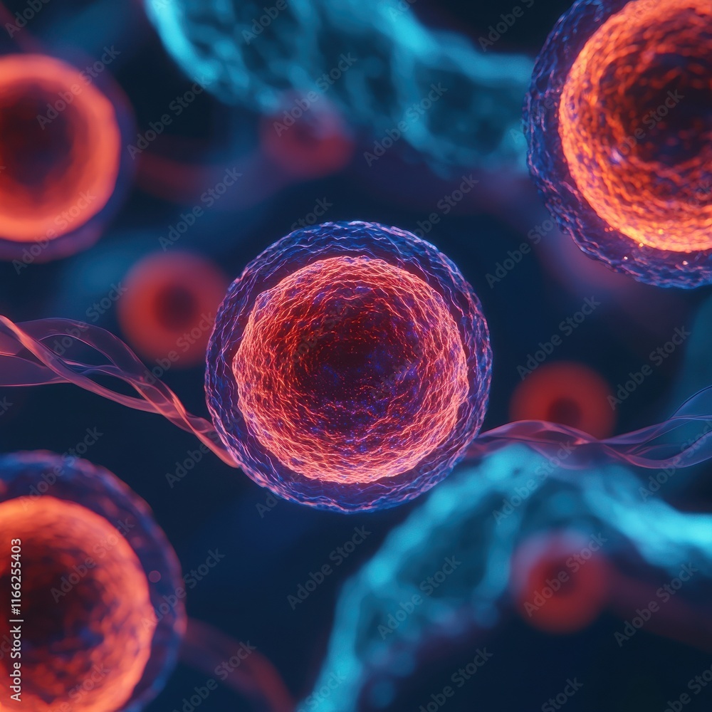 Poster vibrant microscopic view of cells showcasing intricate structures and colors in a digital representa